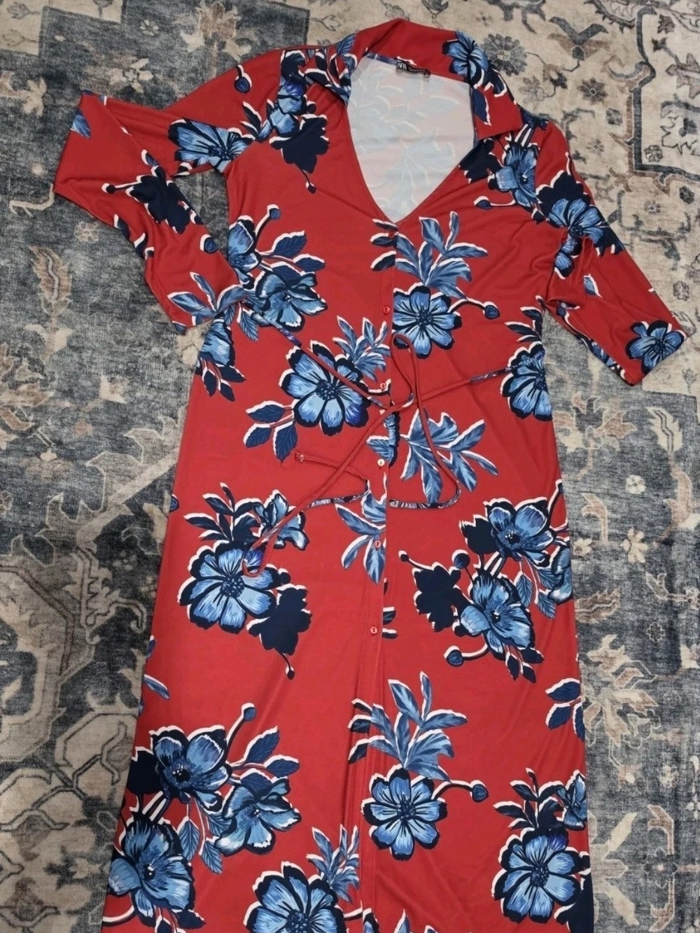Zara Red Midi Dress with Blue Floral Print